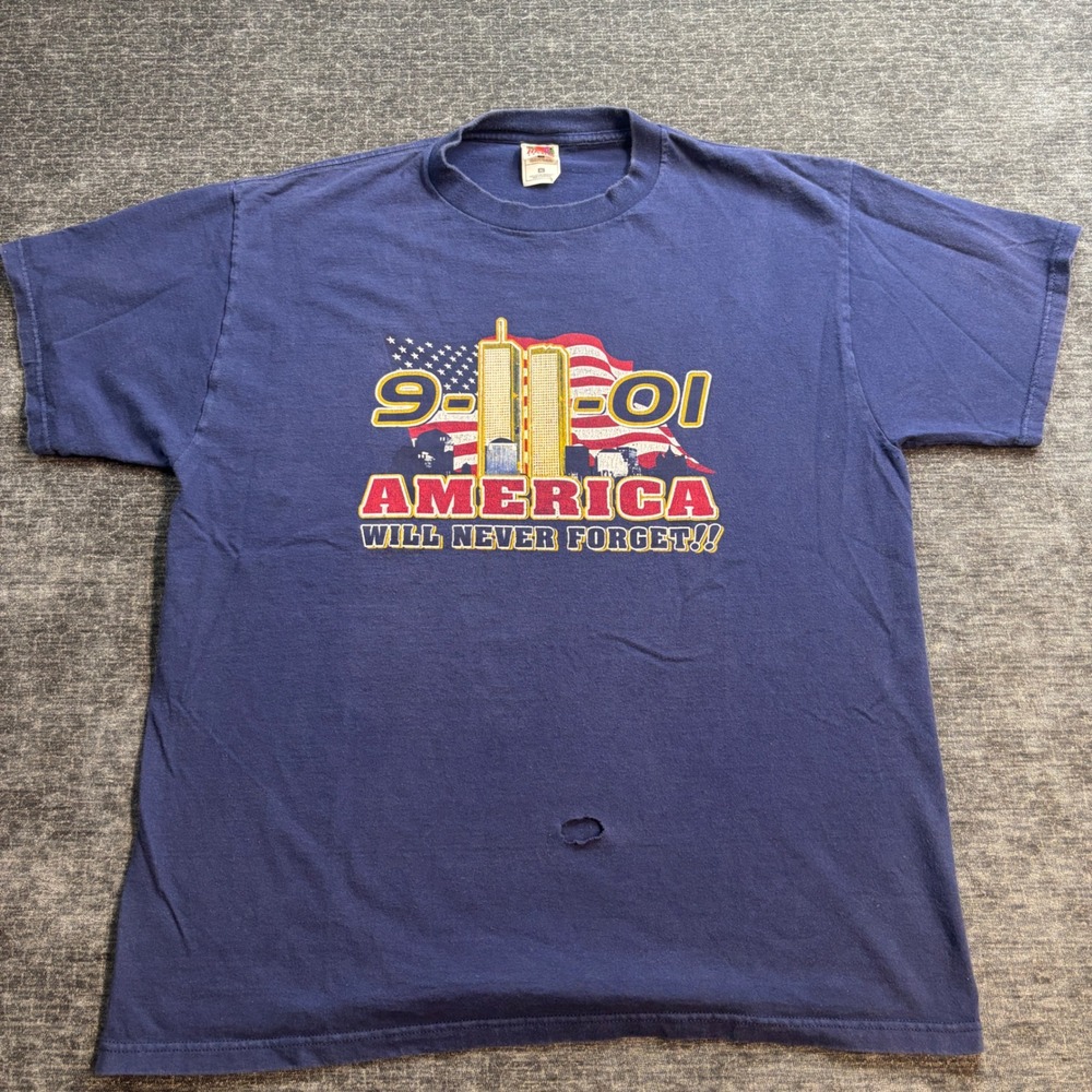 Vintage 9/11 America Tribute Will Never Forget T-Shirt Navy XL Fruit of the Loom